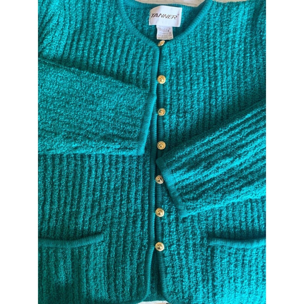 VTG Tanner nubby Green Cardigan Women's M Sweater‎ knit puff sleeve Grandma Core